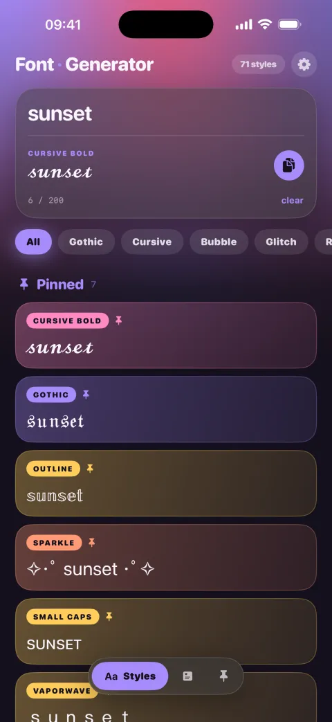 The Font Generator style list, showing one word rendered in several styles