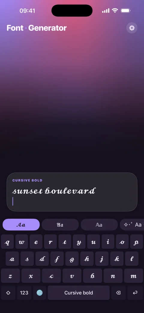 The Font Generator keyboard typing in a cursive style