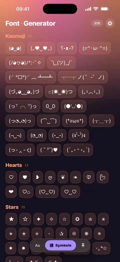 The symbol picker, with symbols grouped by theme